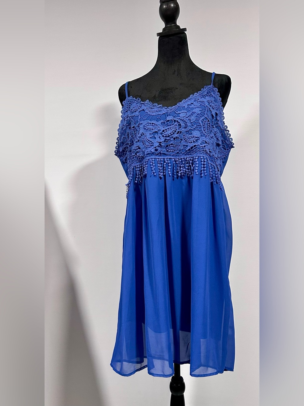 Blue Lace-Trim Spaghetti Strap Dress